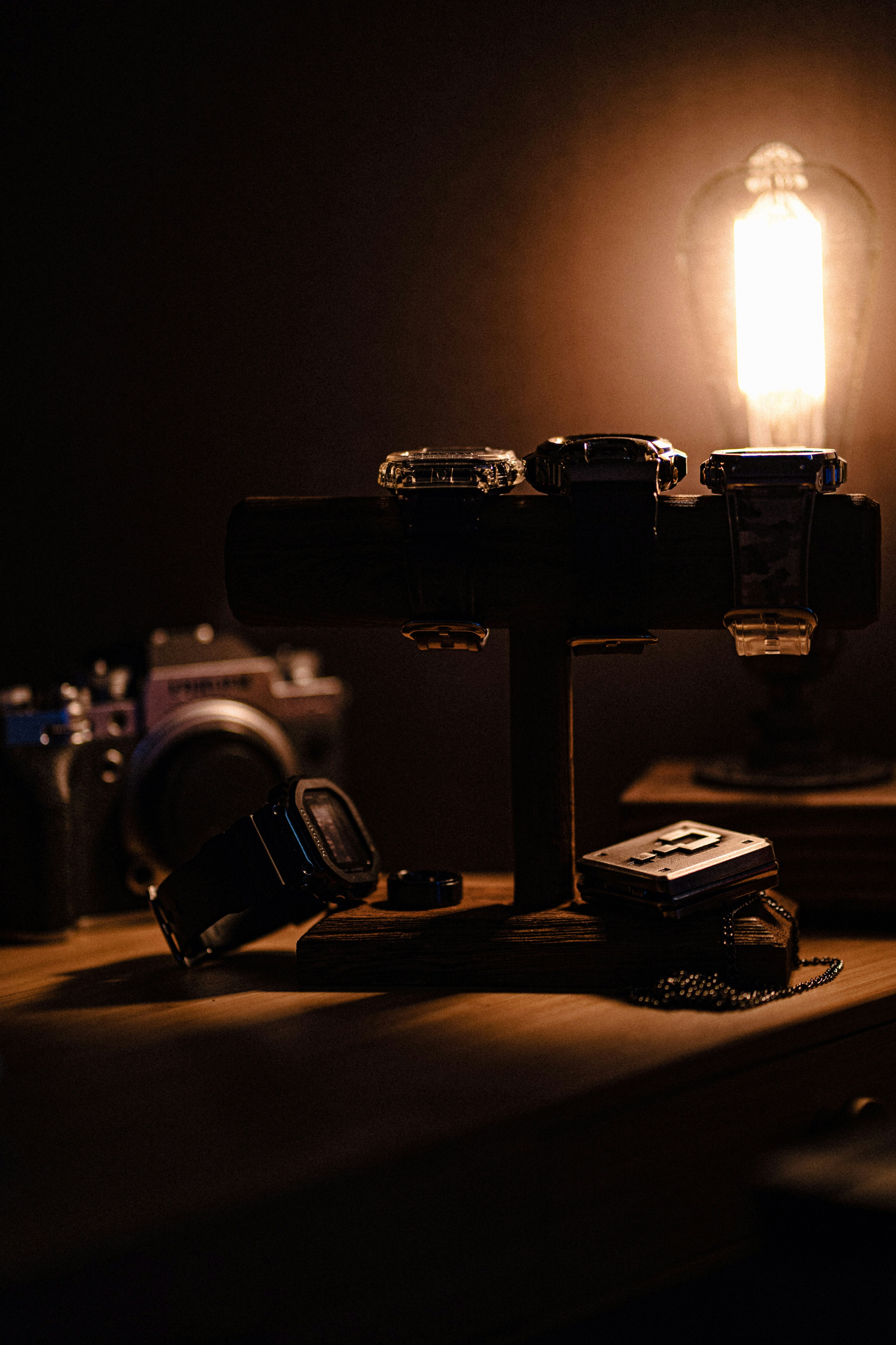 black and silver camera on table